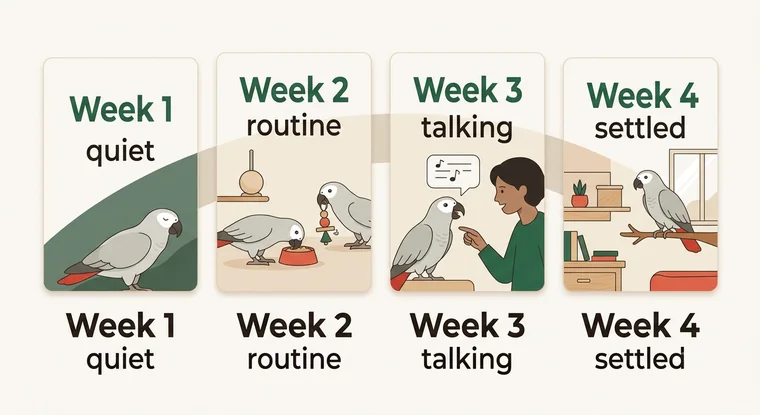 Four-week settling sequence for a newly arrived baby African Grey from a quiet first week to a settled routine