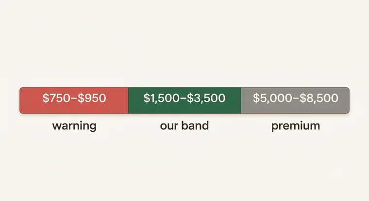 Price band chart placing baby African Grey listings under $950 in the warning zone against a documented $1,500 to $3,500 range