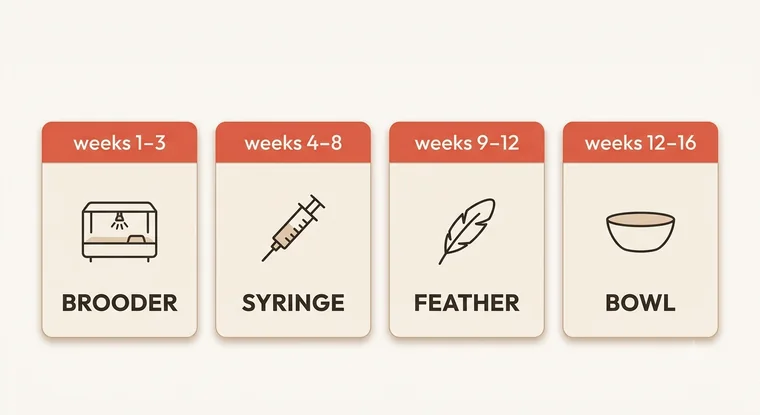 Sixteen-week weaning timeline for a baby African Grey, from brooder through syringe feeding and fledging to independent bowl feeding