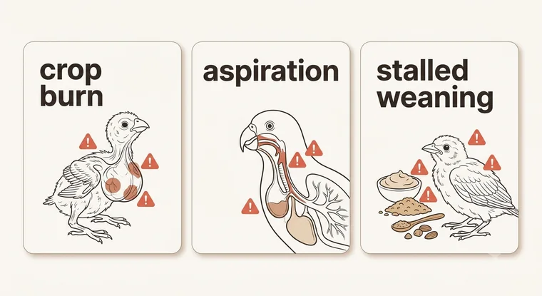 Three hand-feeding complications in unweaned parrot chicks: crop burn, formula aspiration and stalled weaning