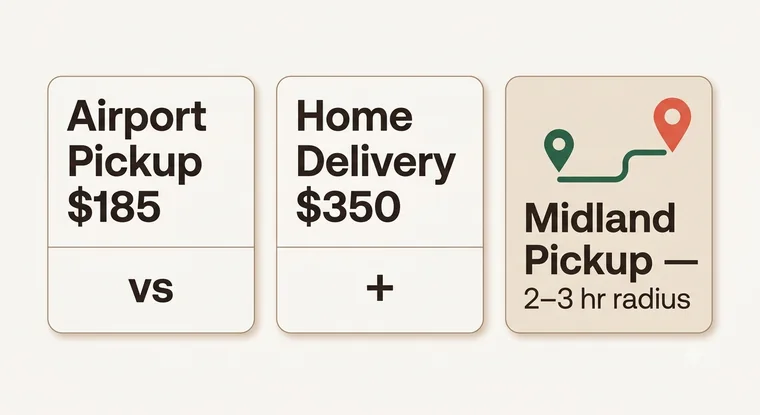 Delivery options for a weaned baby grey: airport cargo collection at $185, door delivery at $350, or free collection within the Midland radius