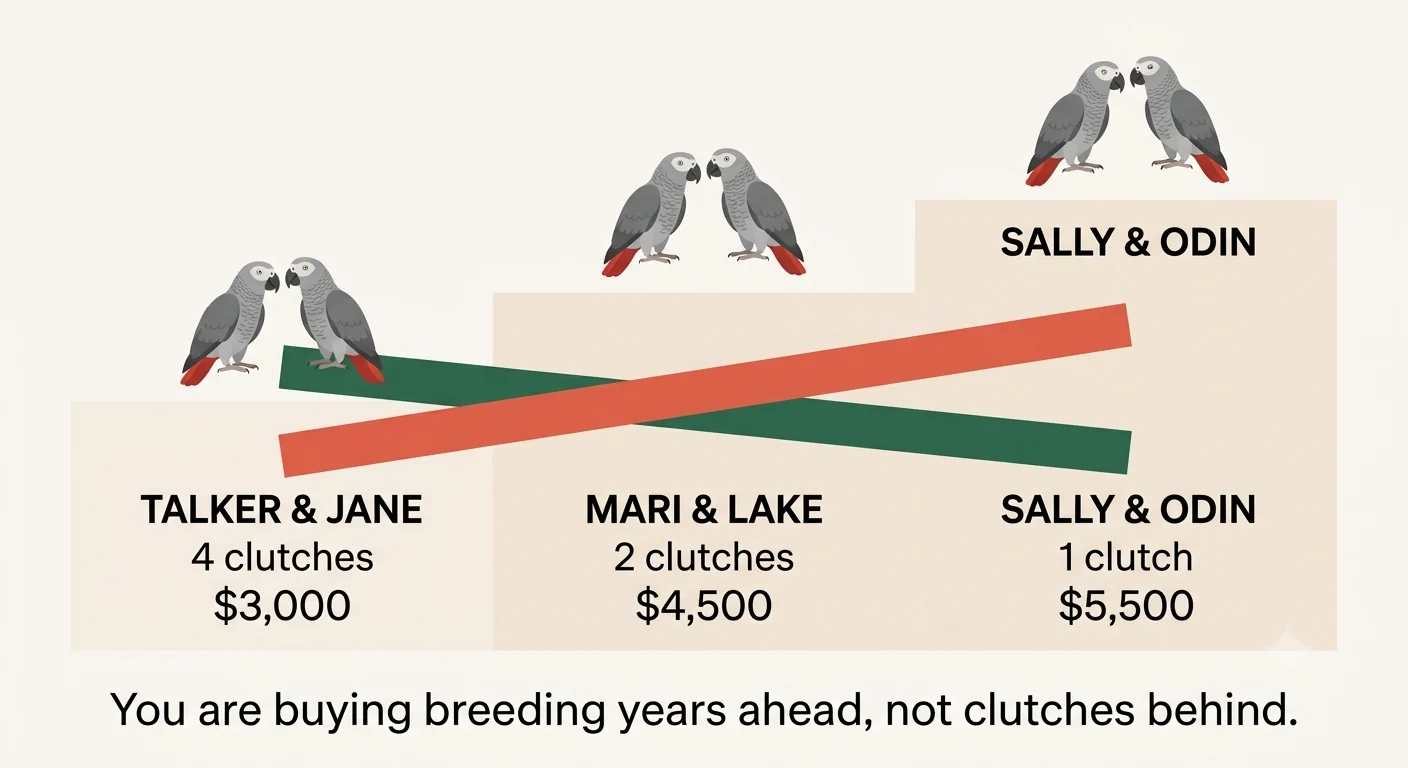 Price ladder showing our three Congo grey pairs, where fewer hatched clutches costs more