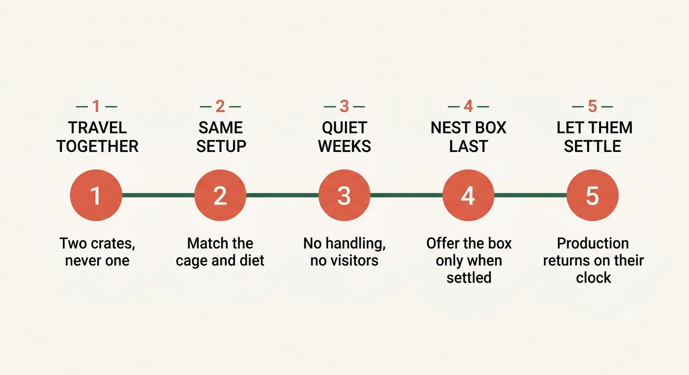 Five step process flow for relocating a producing parrot pair without stopping production