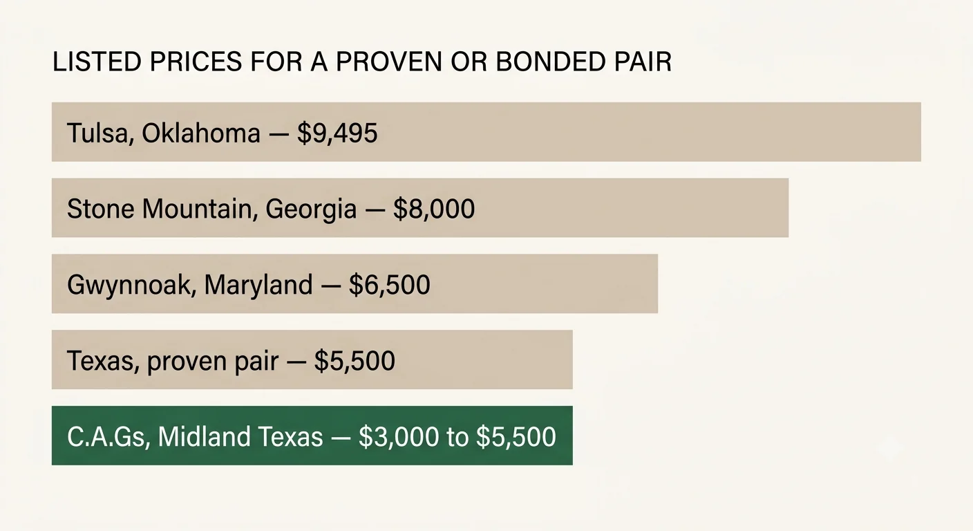 Bar chart of listed United States prices for a proven or bonded parrot pair by location