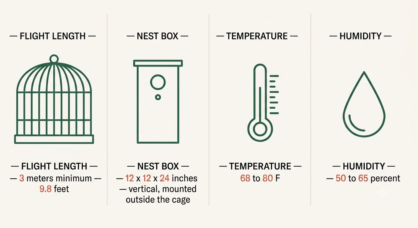 Housing and nest box specifications a breeding parrot pair needs, with flight length and humidity