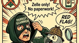 Opening panel of our parrot-scam guide on spotting a fake African Grey seller