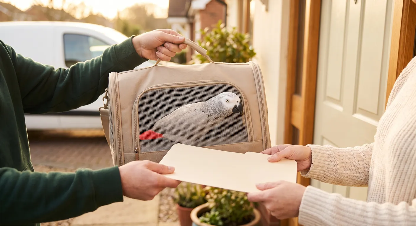 Courier handing an African Grey carrier and document folder to a family at their door