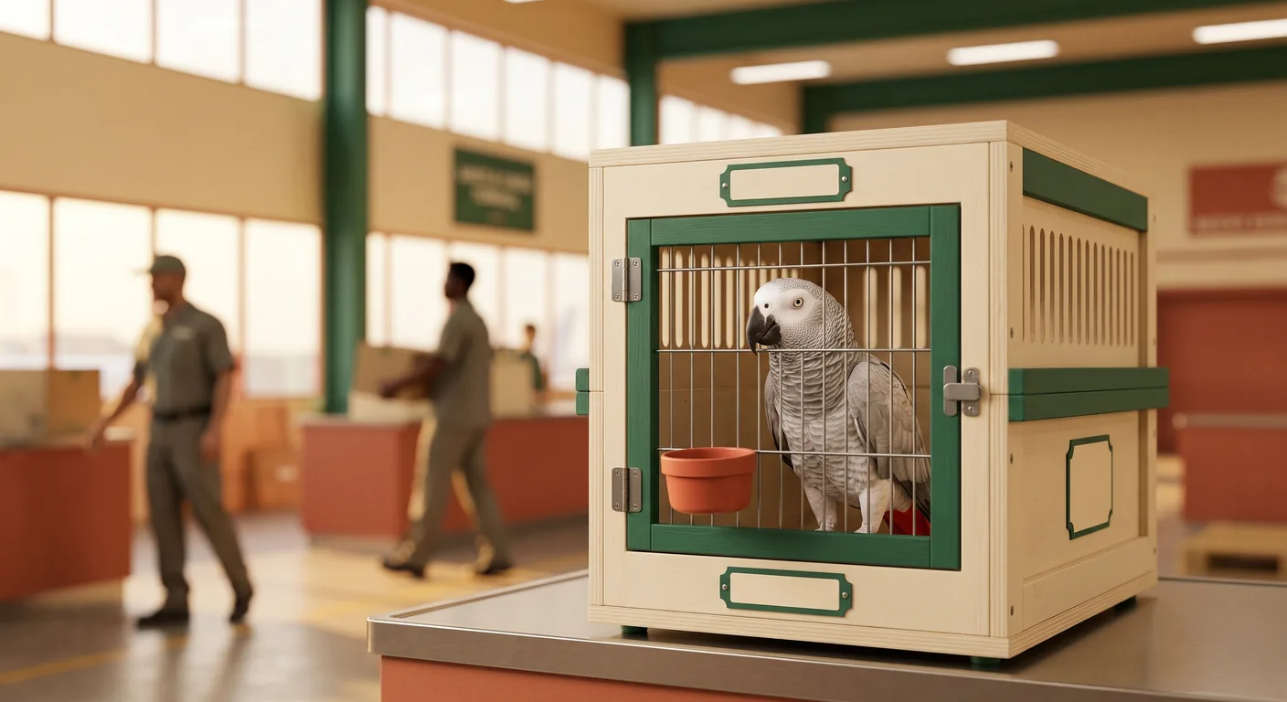 IATA-approved travel crate with an African Grey at the airline cargo counter
