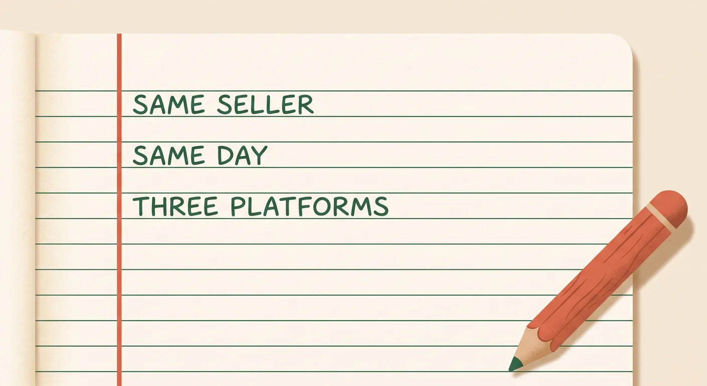 How the same seller's listings were recorded across three platforms