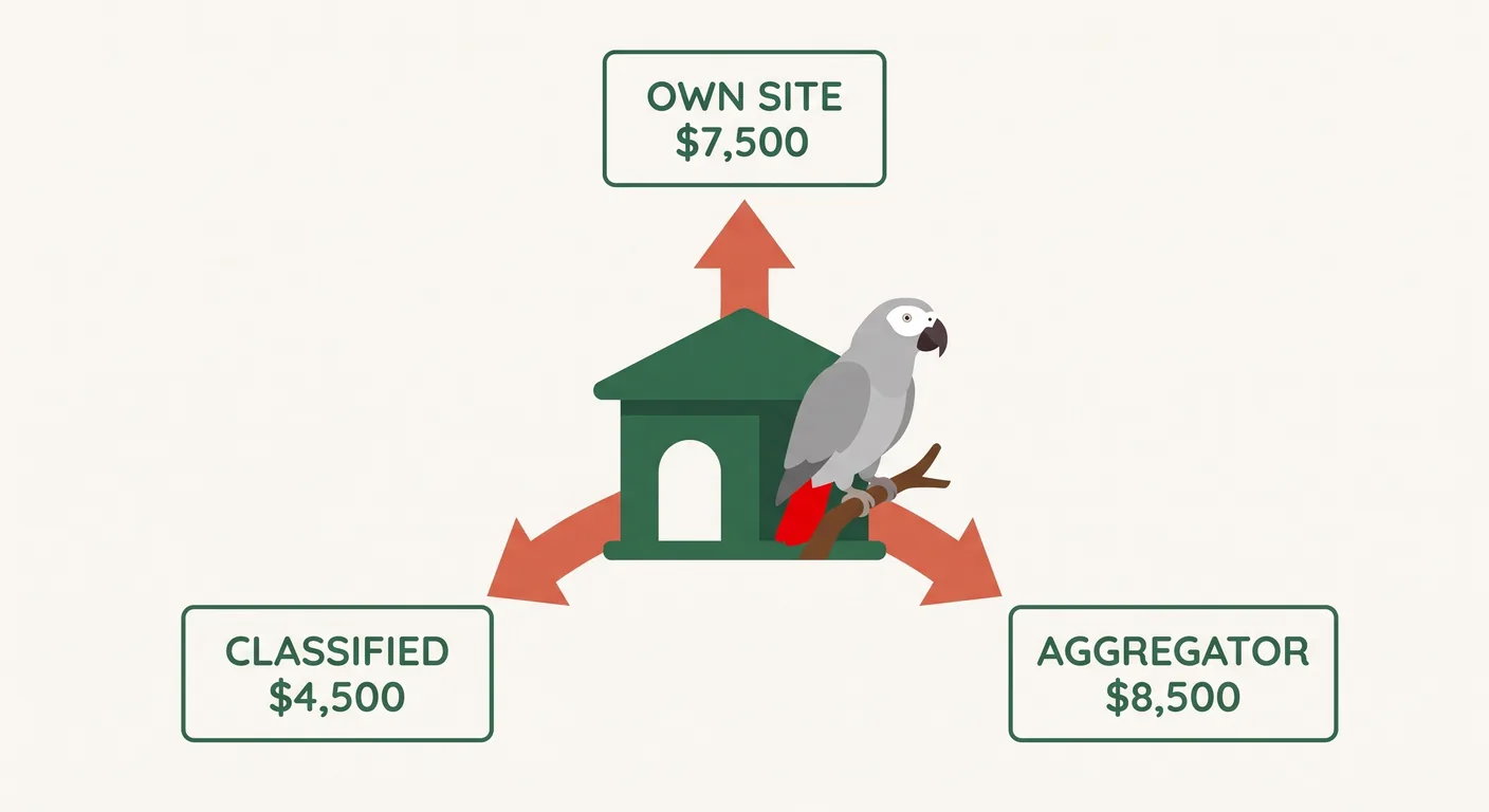 One seller's African Greys listed at three different prices across three platforms