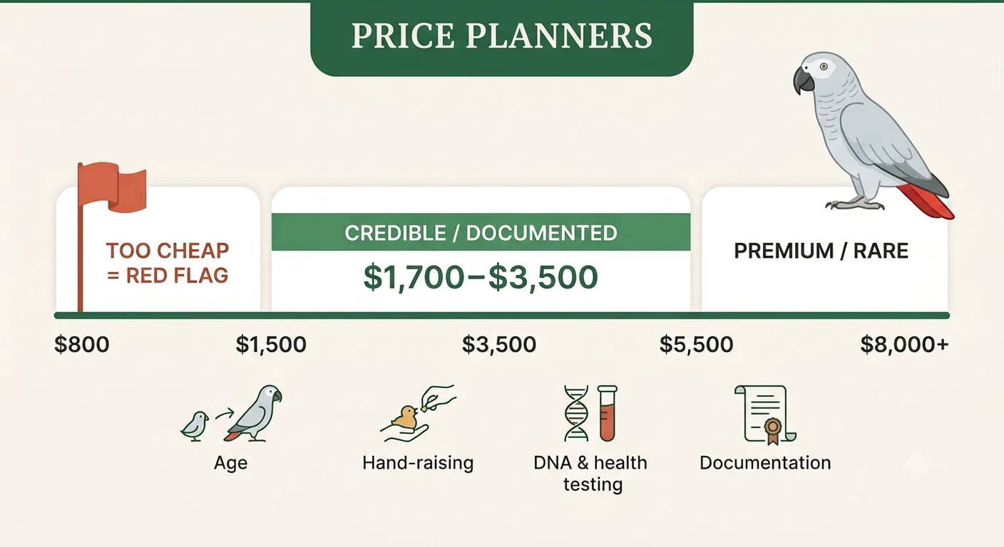 Price-range infographic explaining why a Congo African Grey costs between $1,500 and $8,500