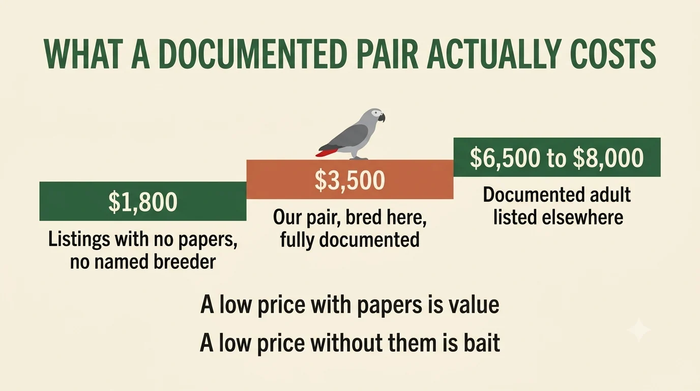 Where our $3,500 documented pair sits between $1,800 undocumented listings and $8,000 adult pairs