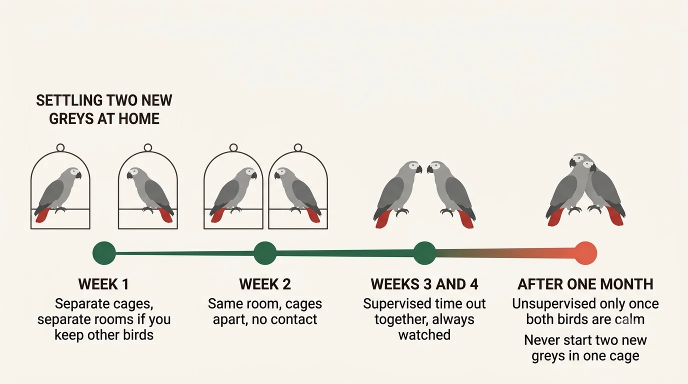 A week-by-week timeline for settling two new African Greys into one home across the first month