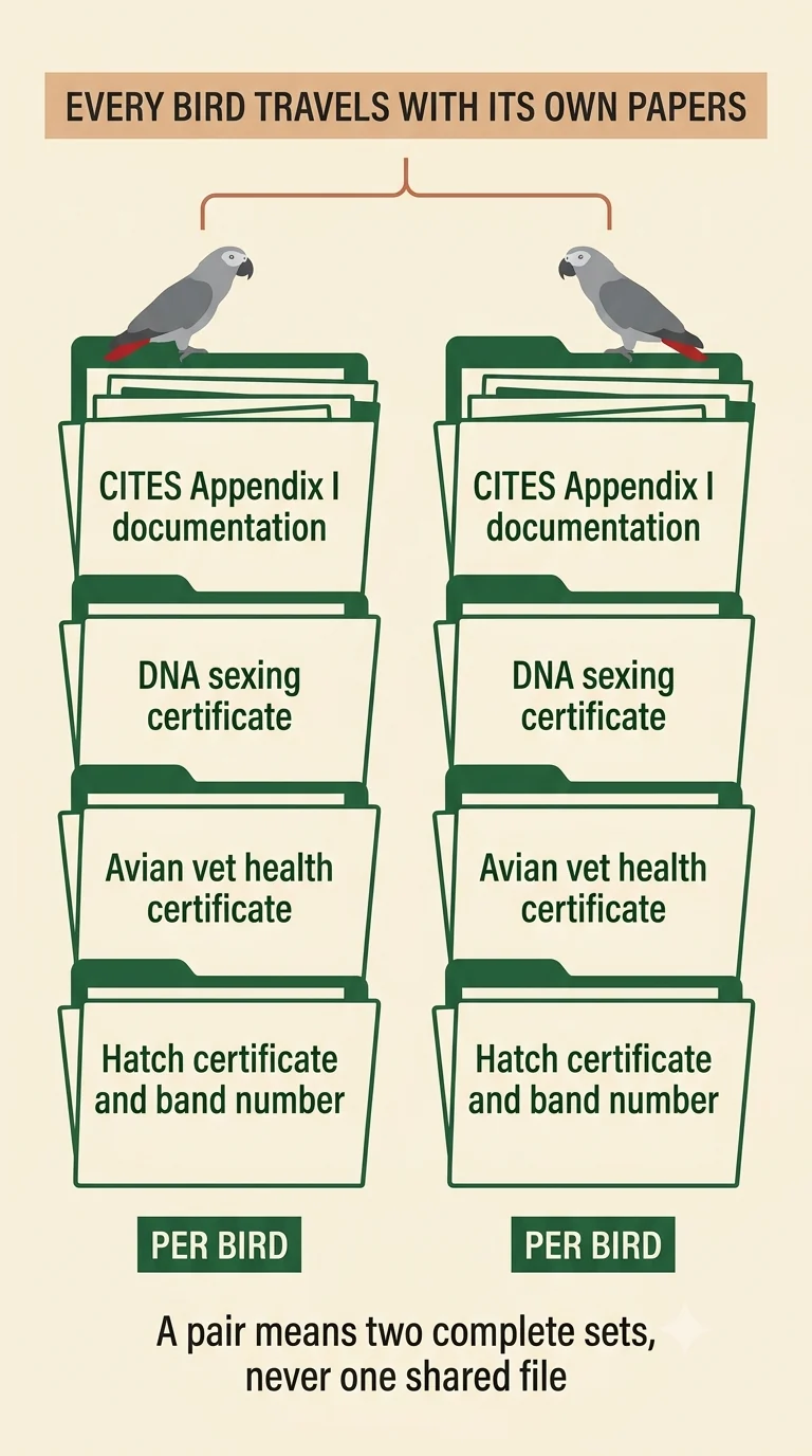 Two complete document stacks, one per grey, covering CITES, DNA sexing, vet health and hatch records