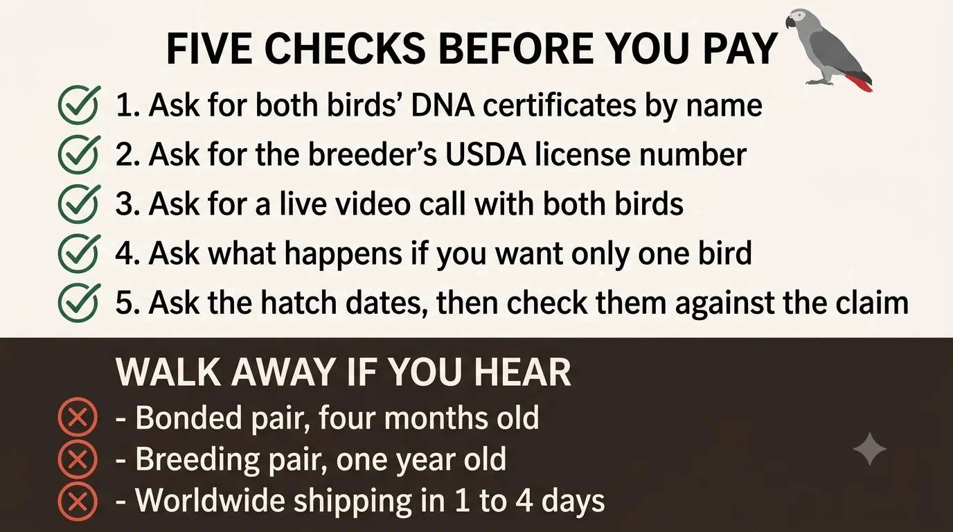 Five verification questions to ask any African Grey pair seller, and the three answers that end it