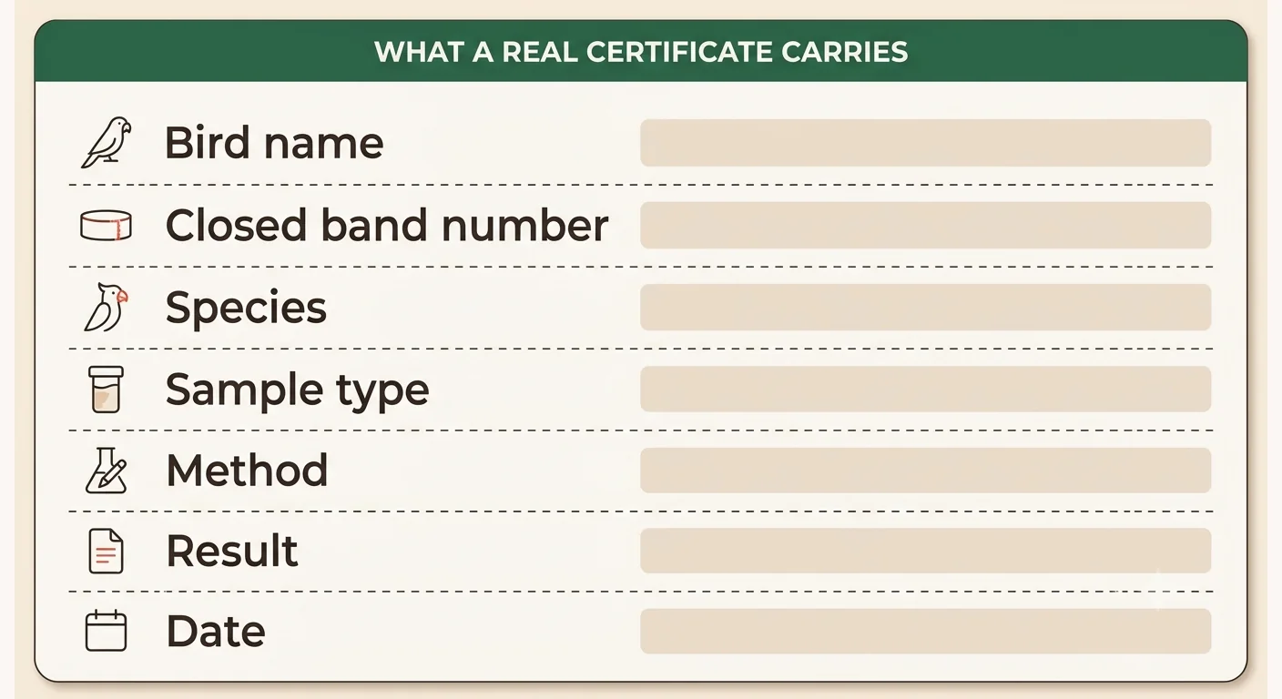 Diagram of the fields a legitimate avian DNA sexing certificate carries, including band number, species, method and result