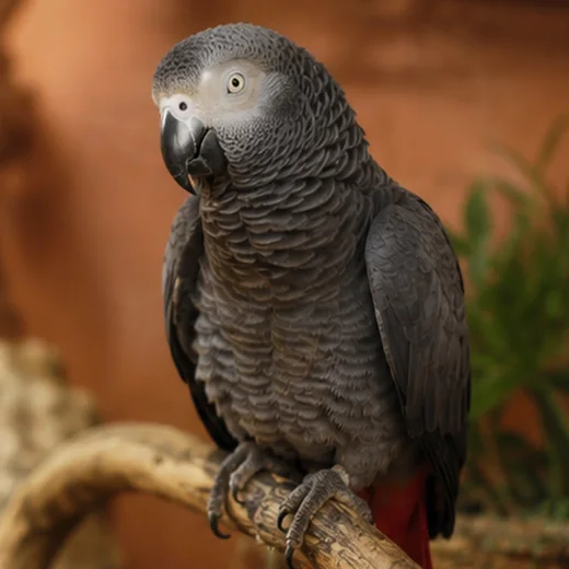 A red-tailed Congo grey on a branch, the red tail being no indicator of sex