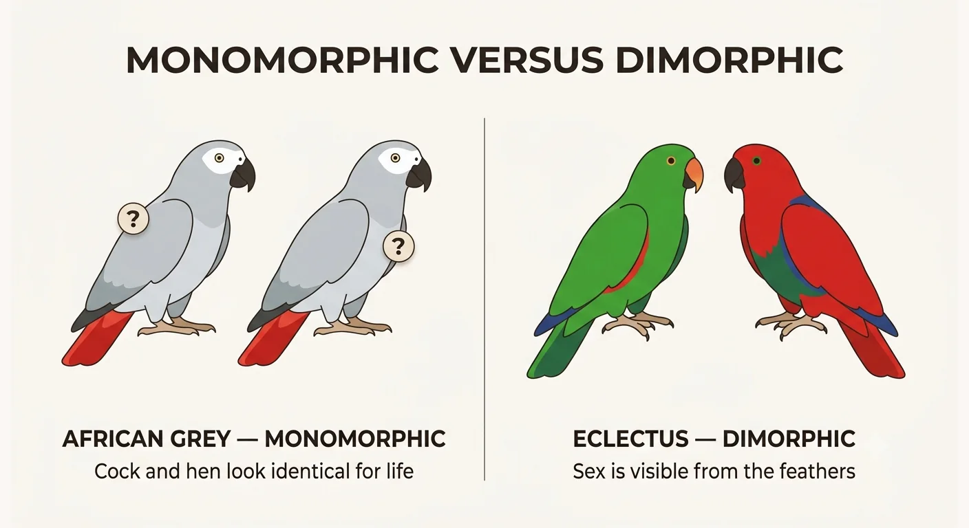 African Greys are monomorphic — cock and hen look identical, unlike a dimorphic species such as the Eclectus
