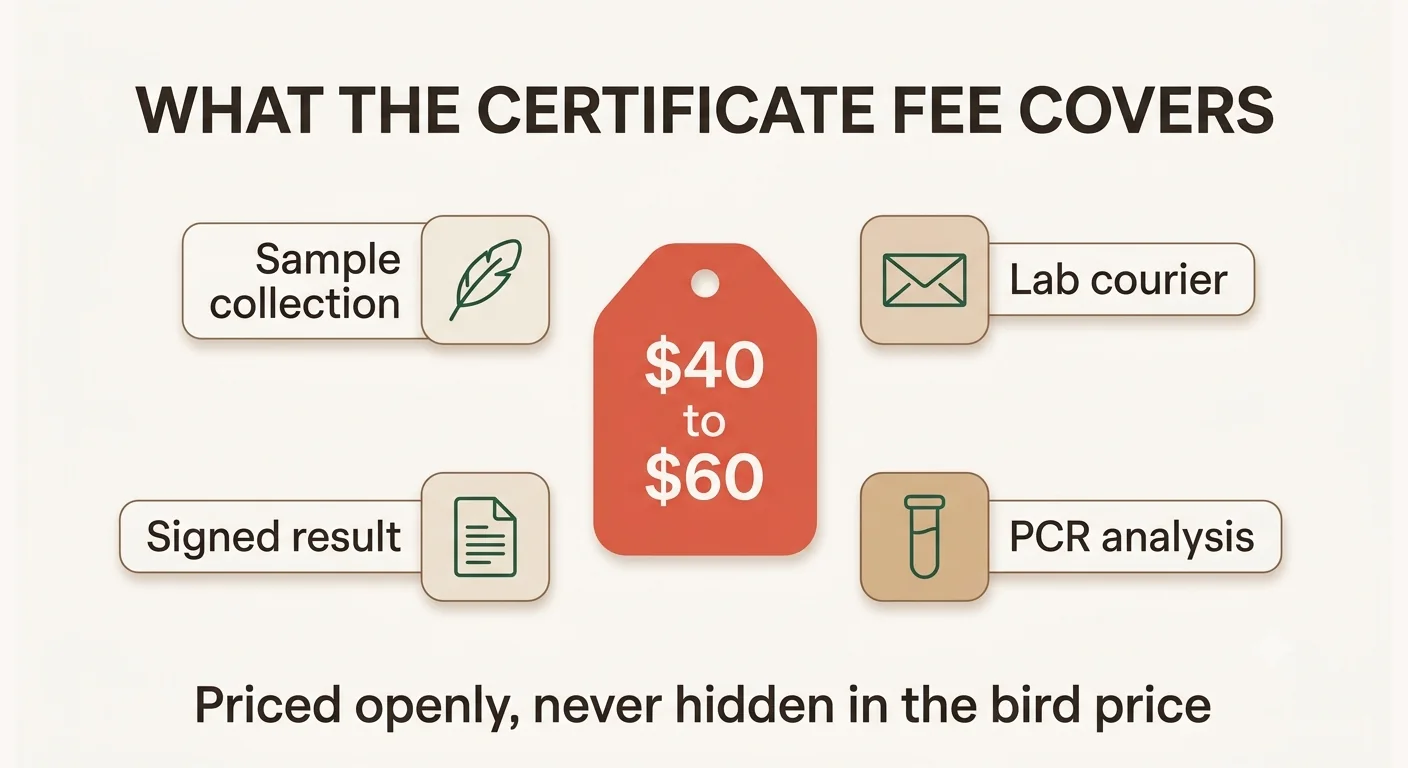 What the $40 to $60 DNA sexing certificate fee covers, from sample collection through to the signed laboratory result