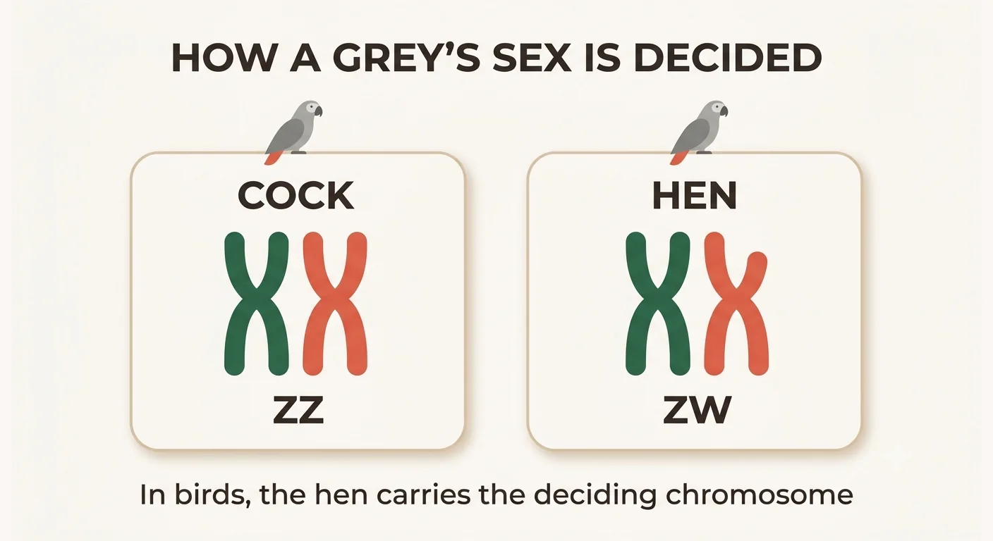 How Z and W chromosomes determine sex in African Grey parrots, with the hen carrying the deciding chromosome