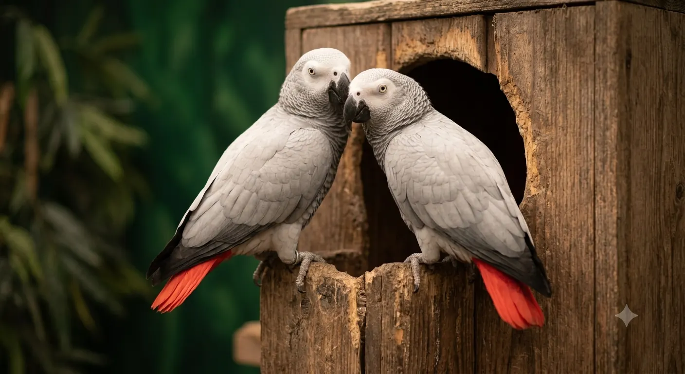 Our named African Grey breeding pair perched beside their cage — the parents behind our fertile eggs
