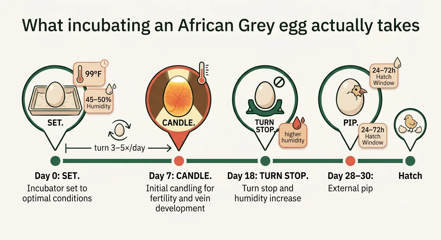 African Grey egg incubation timeline from set to hatch over 28 to 30 days