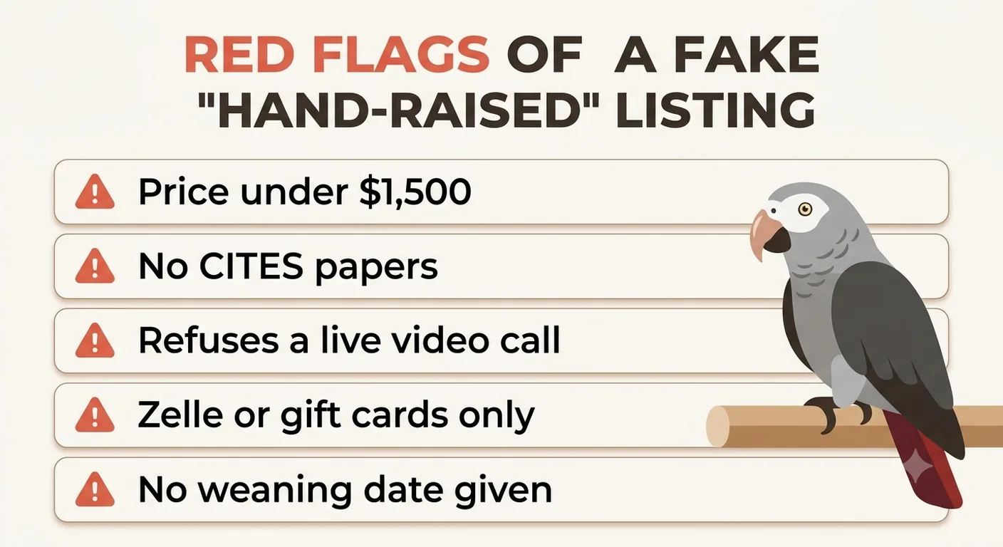 Five red flags of a fake hand-raised African Grey listing: price under $1,500, no CITES papers, refuses a live video call, Zelle or gift cards only, no weaning date given