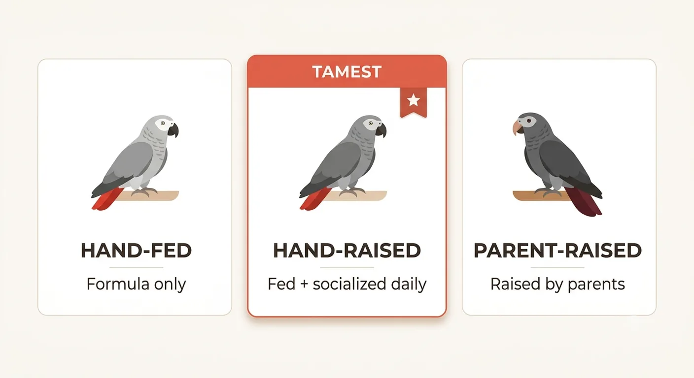Comparison of hand-fed, hand-raised and parent-raised African Greys showing hand-raised as the tamest
