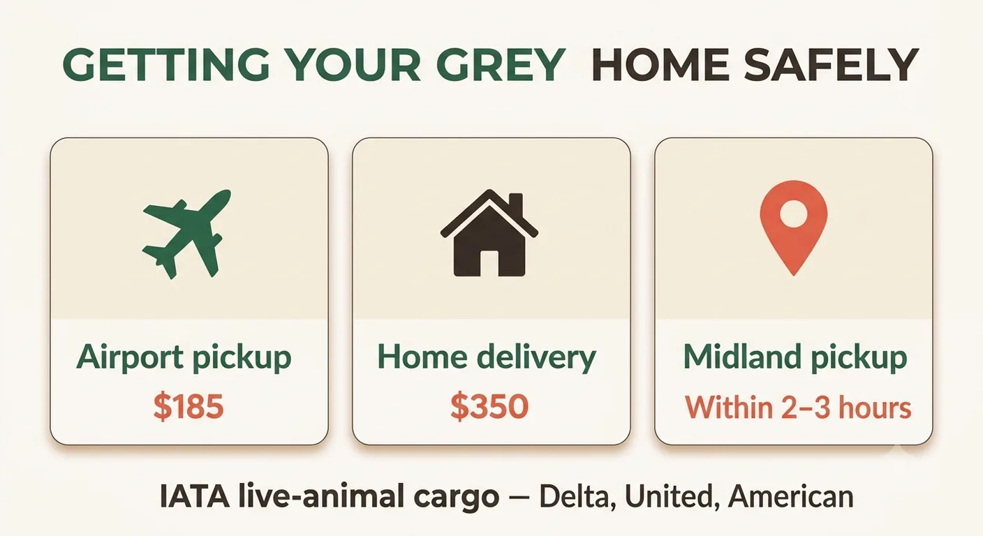 Getting your hand-raised grey home safely: airport pickup $185, home delivery $350, or Midland pickup within 2 to 3 hours, via IATA live-animal cargo on Delta, United and American