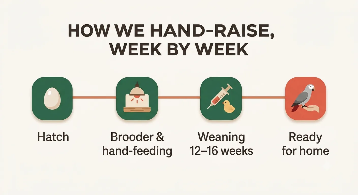 Timeline of how C.A.Gs hand-raises an African Grey from hatch through brooder, hand-feeding and weaning at 12 to 16 weeks to ready for home