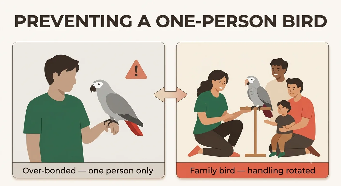 How rotating handling prevents a hand-raised African Grey from over-bonding to one person and keeps it a family bird