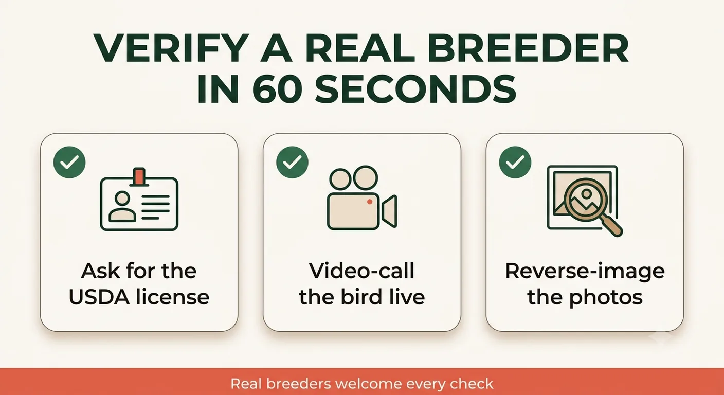 Three fast checks to verify a legitimate hand-raised African Grey breeder: ask for the USDA license, video-call the bird live, reverse-image the photos