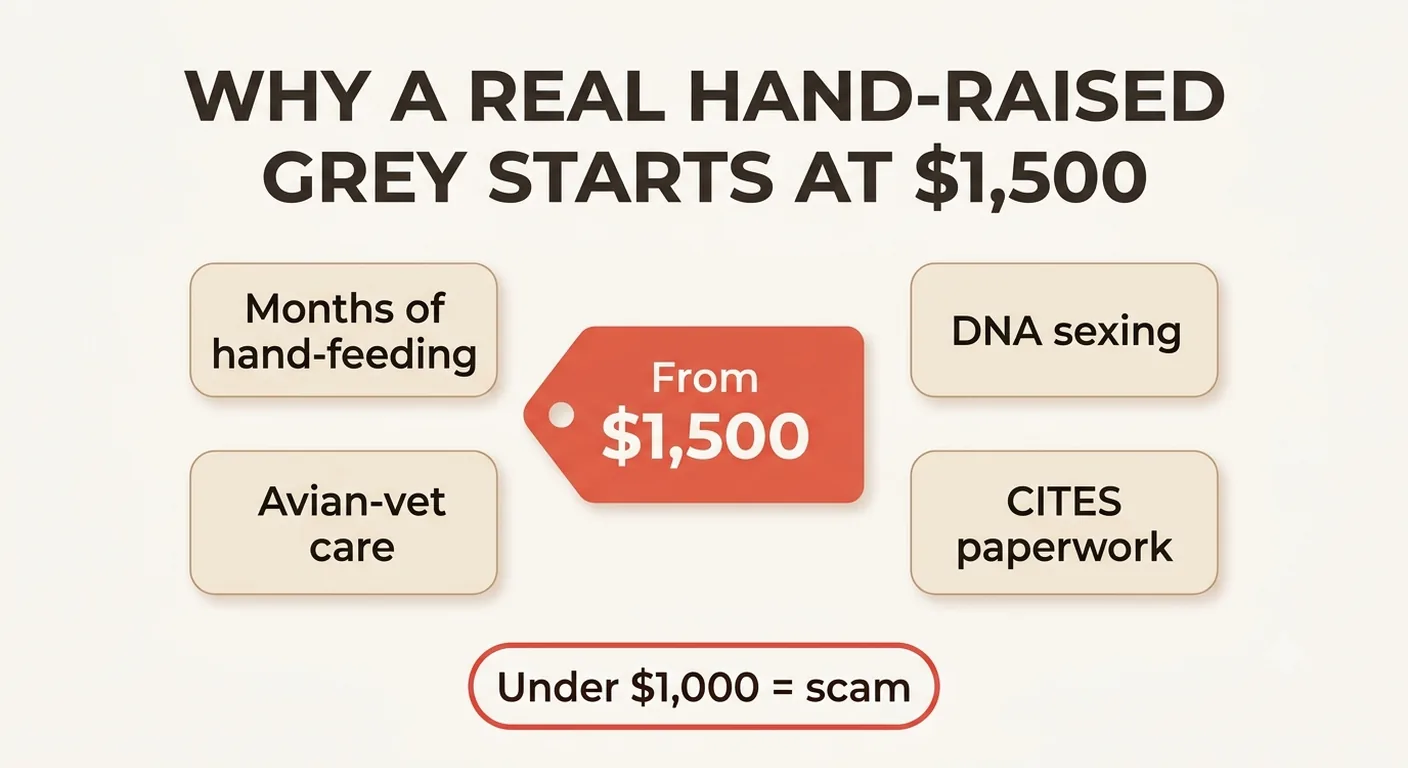 Why a real hand-raised African Grey starts at $1,500 — months of hand-feeding, DNA sexing, avian-vet care and CITES paperwork, and why under $1,000 is a scam
