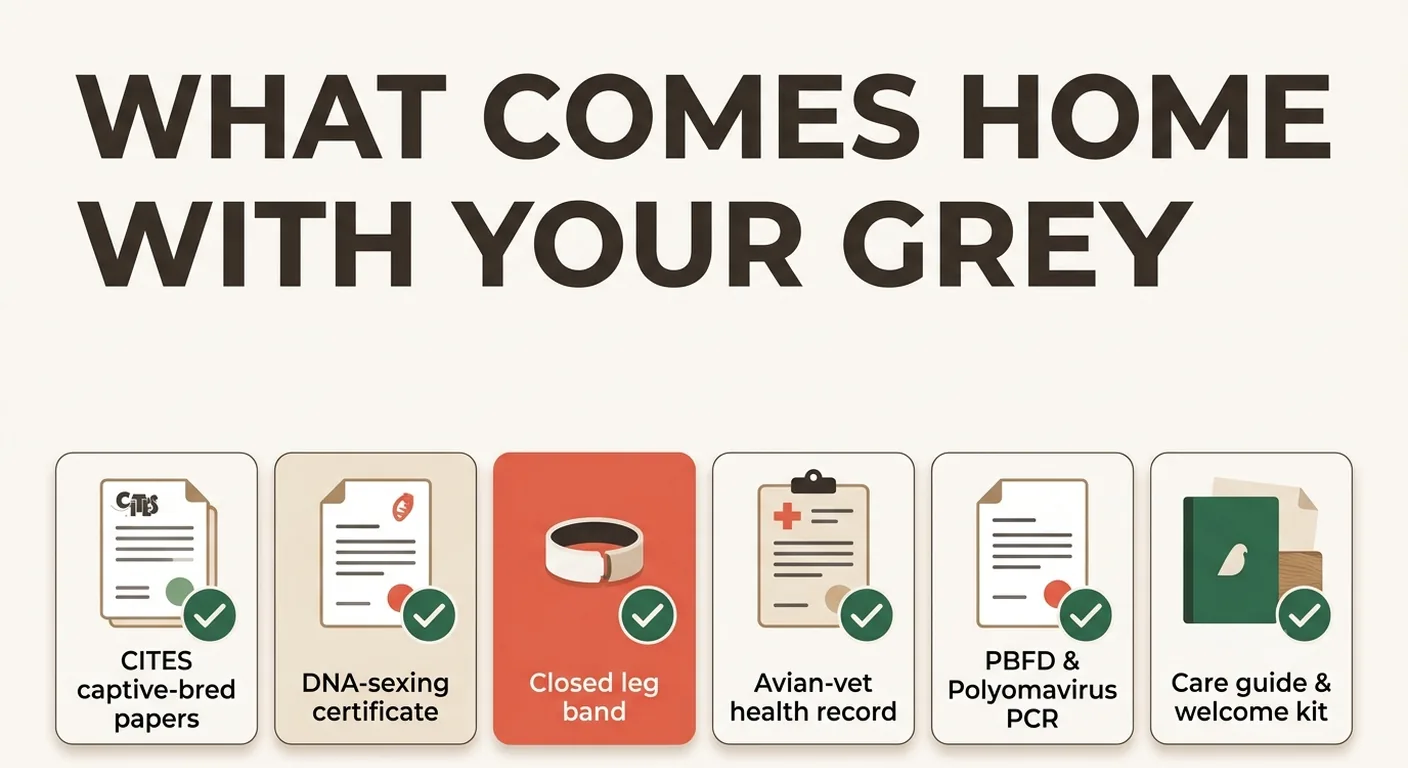 What comes home with a hand-raised African Grey: CITES papers, DNA certificate, closed leg band, avian-vet health record, PBFD and Polyomavirus PCR results, plus a care guide