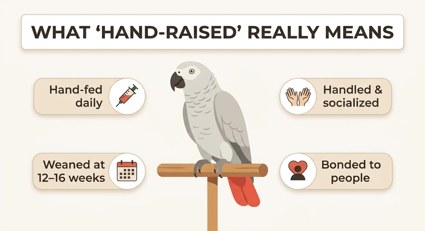 What a hand-raised African Grey is: hand-fed daily, handled and socialized, weaned at 12 to 16 weeks and bonded to people