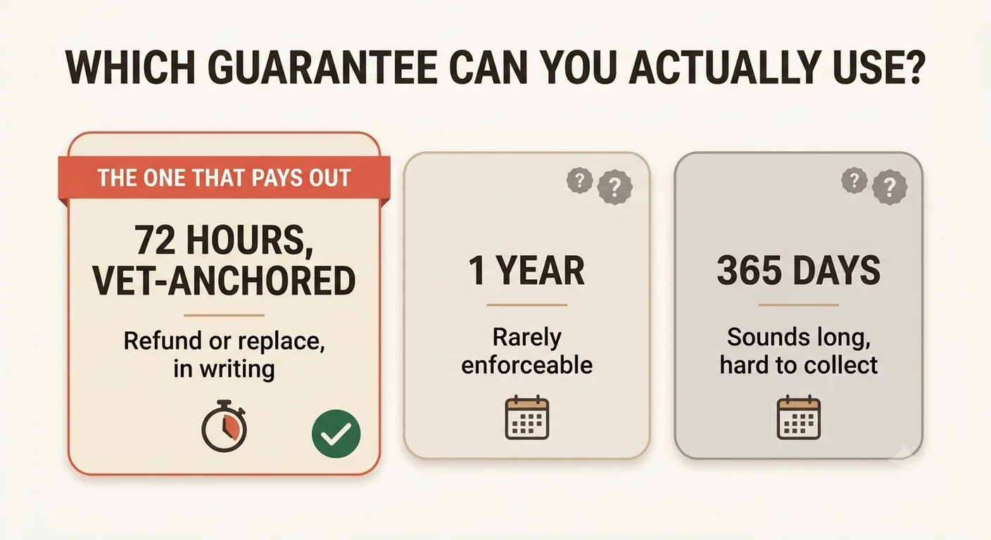 Comparing a vet-anchored 72-hour parrot guarantee against unenforceable one-year and 365-day marketing promises