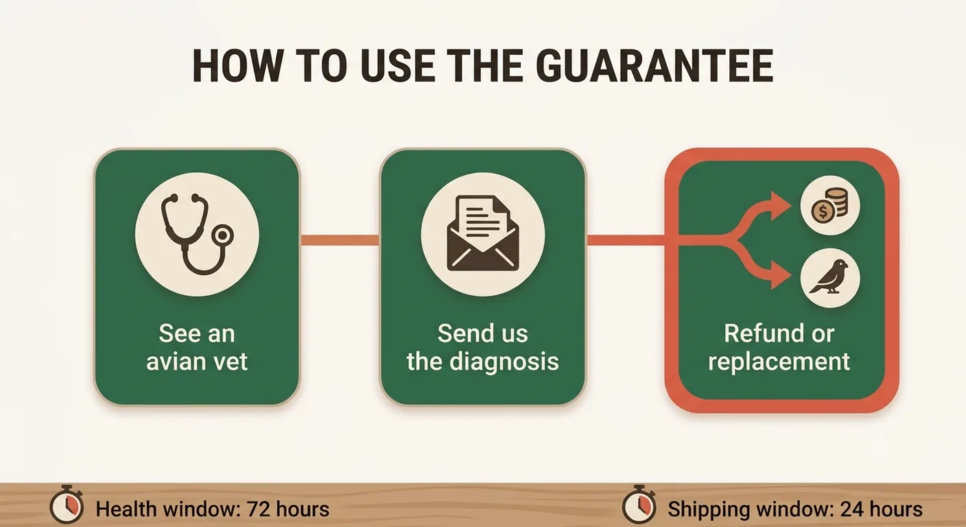 The three steps for using an African Grey health guarantee, from avian-vet exam to refund or replacement