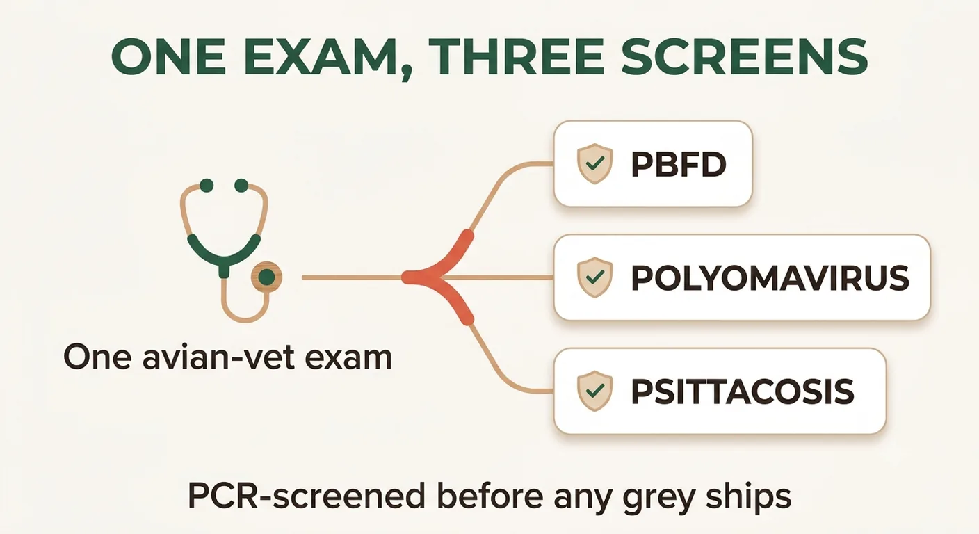 One avian-vet examination PCR-screens a grey parrot for beak and feather disease, polyomavirus and psittacosis