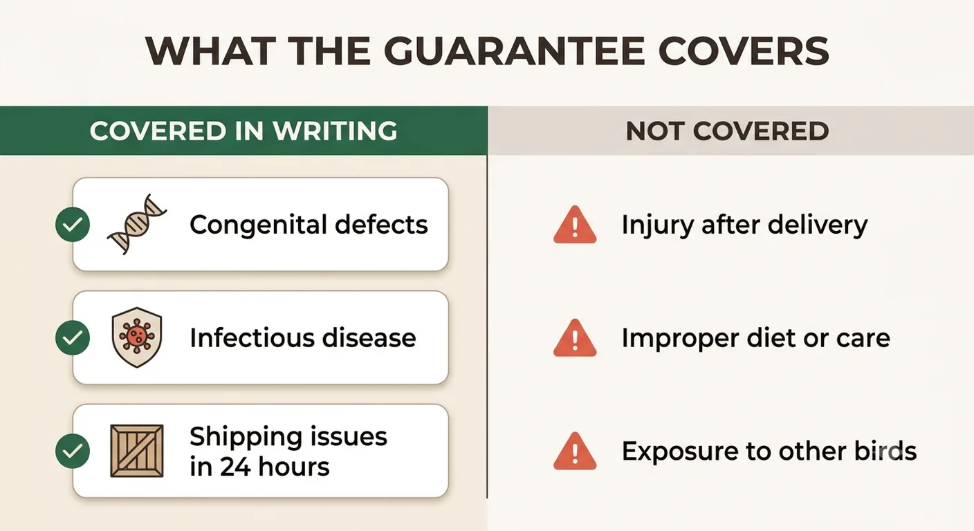 What our written African Grey health guarantee covers, and the four conditions that void it