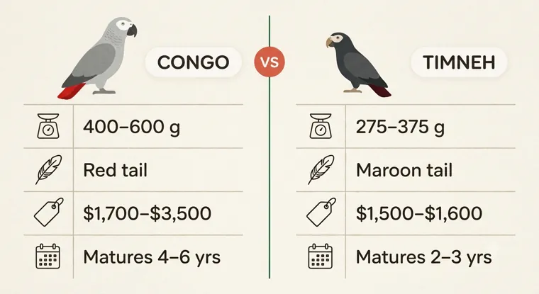 Congo and Timneh African Grey side by side: weight, tail colour, price band and maturity compared