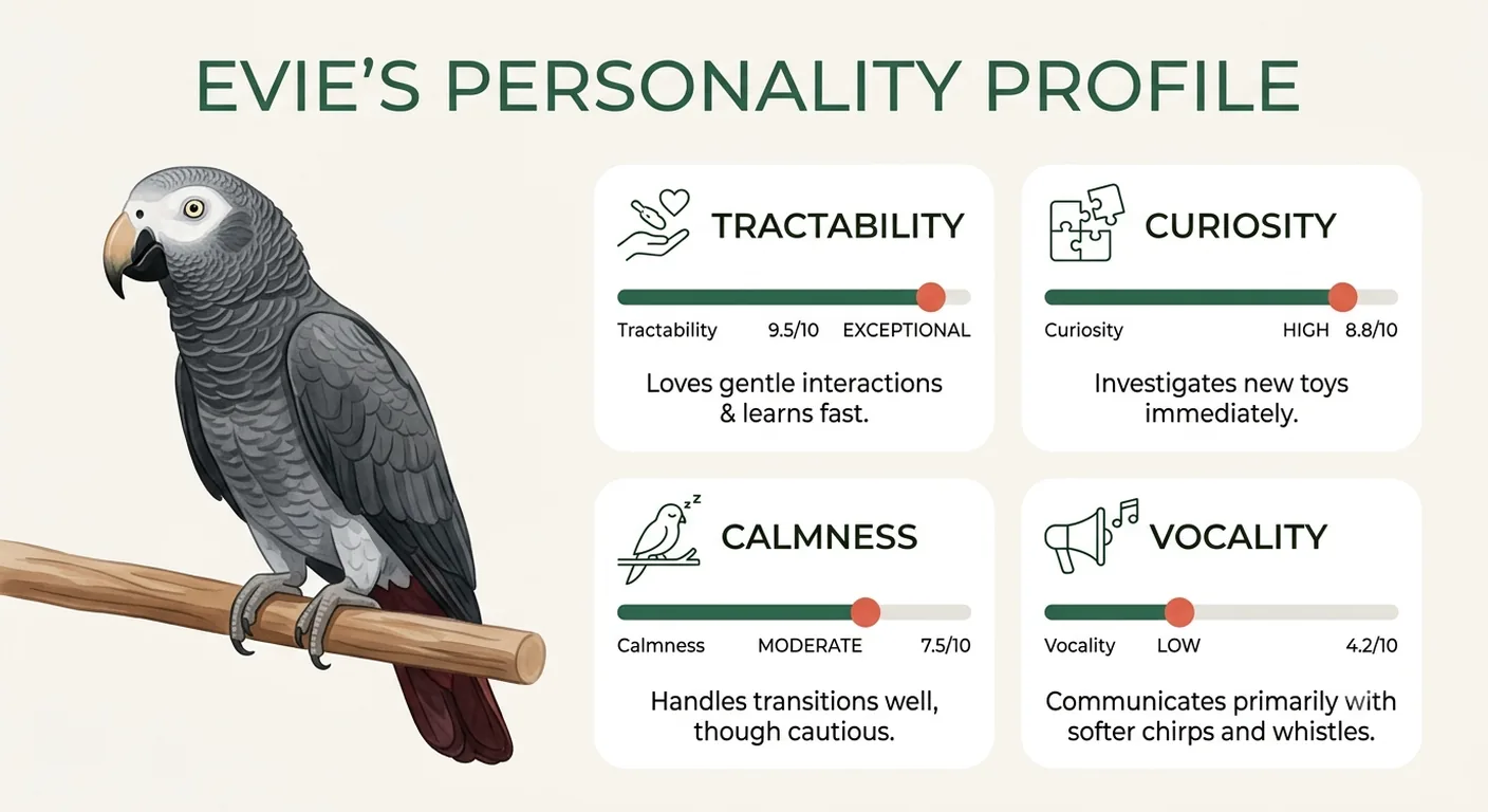 Evie's Timneh African Grey personality profile — tractability, curiosity, calmness and vocality ratings