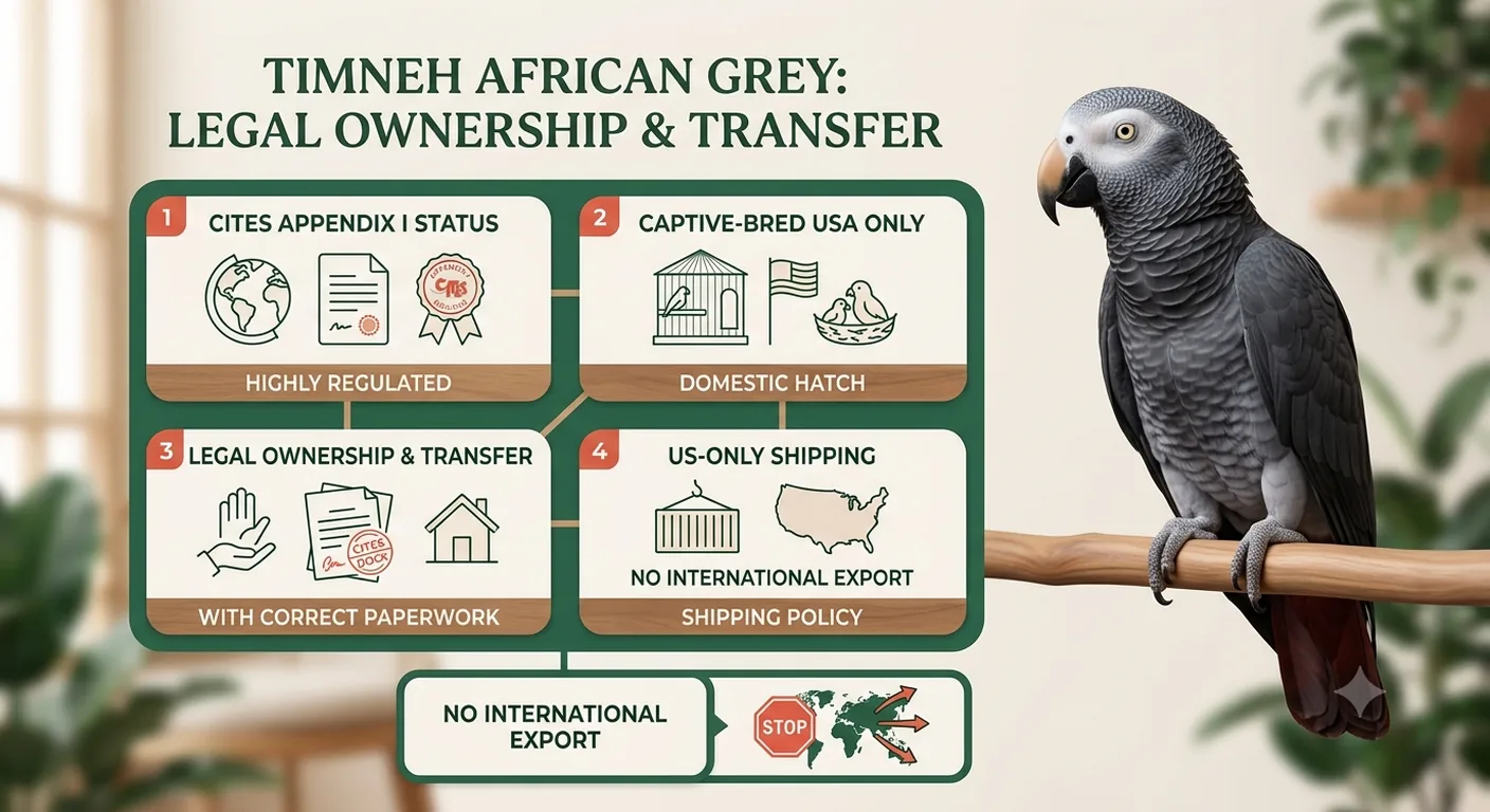 Infographic on legally owning a Timneh African Grey in the USA — CITES Appendix I, captive-bred, US-only shipping, no international export