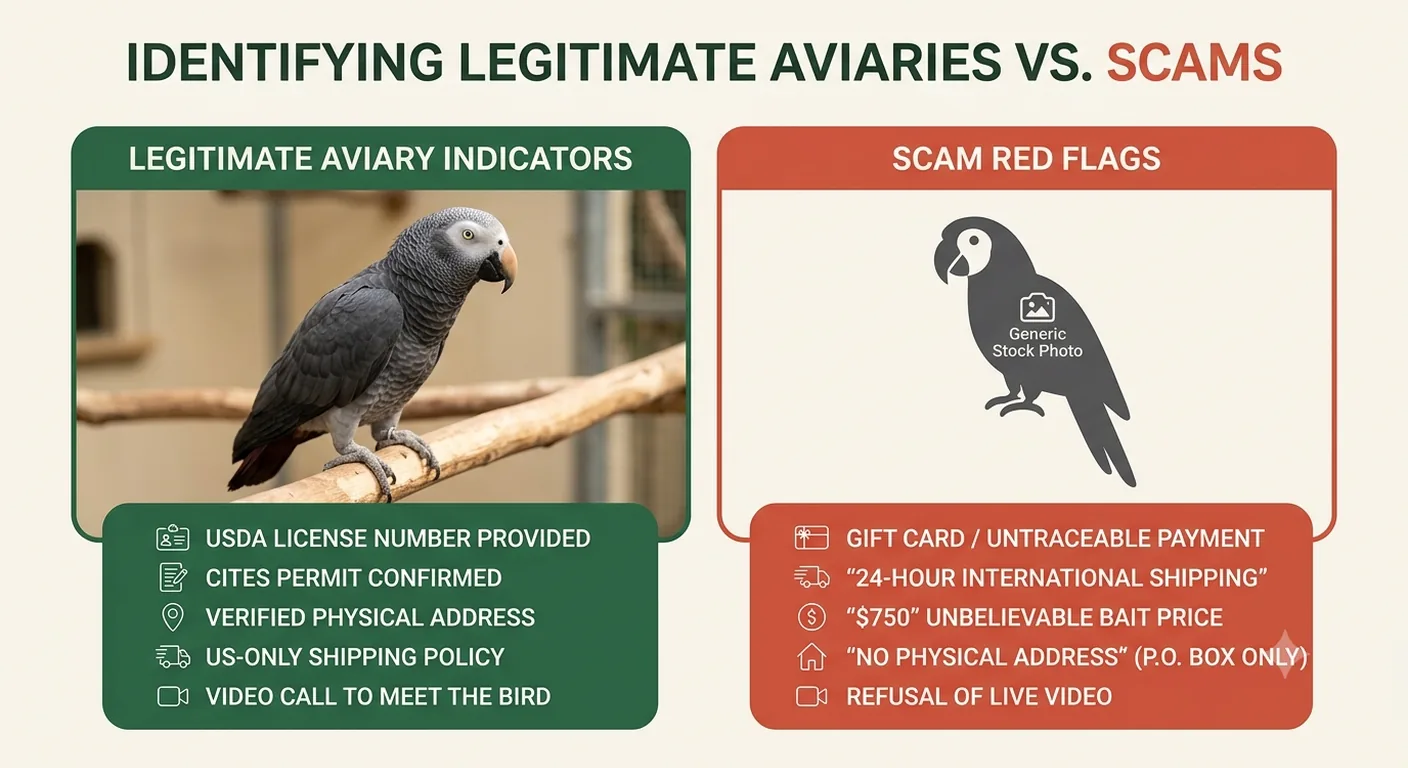 Side-by-side comparison of a legitimate documented Timneh African Grey breeder versus a scam seller's red flags