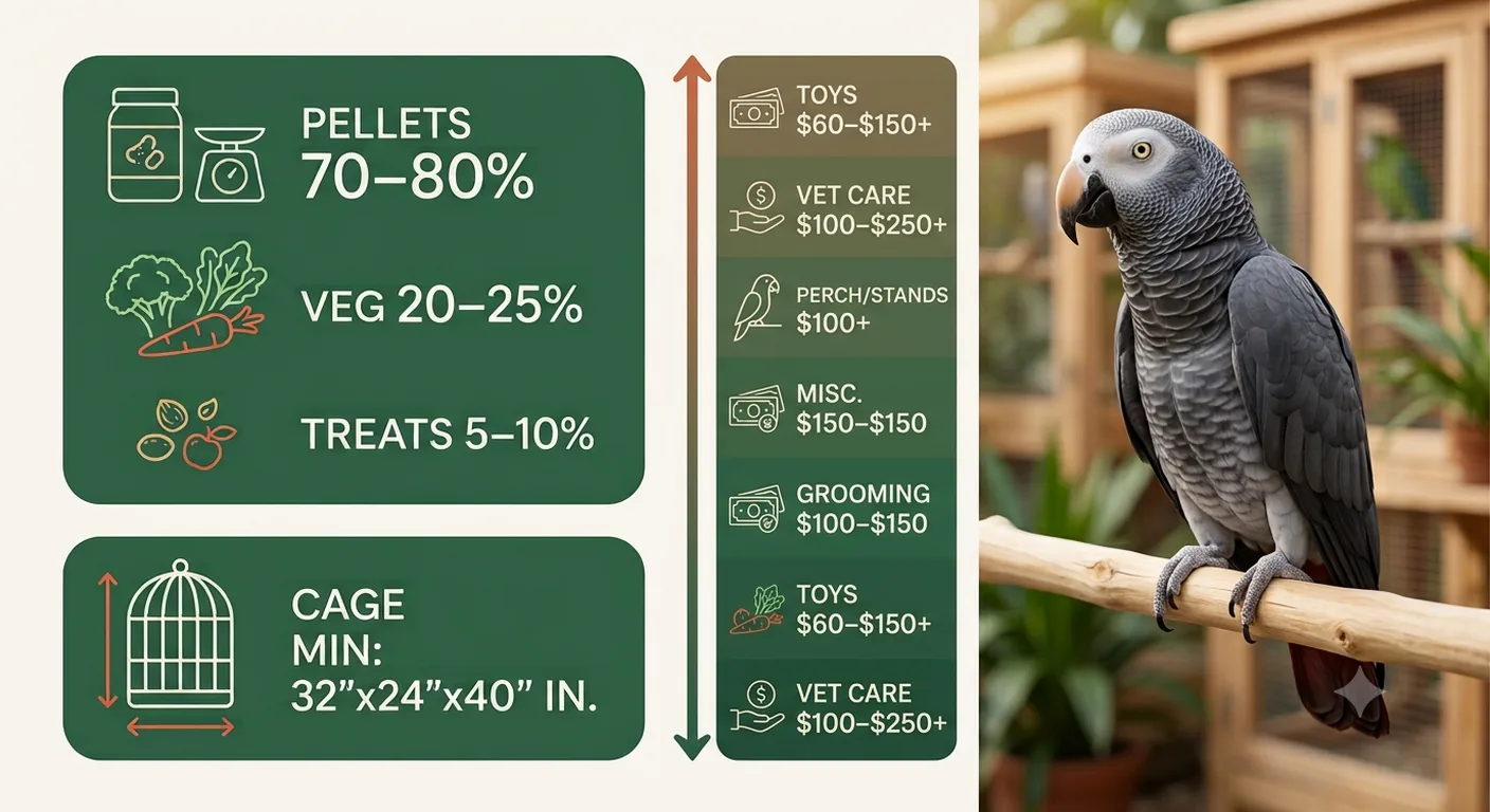 Timneh African Grey monthly care and diet infographic — 70 to 80 percent pellets, 20 to 25 percent fresh veg, 5 to 10 percent treats, and a minimum 32 by 24 by 40 inch cage