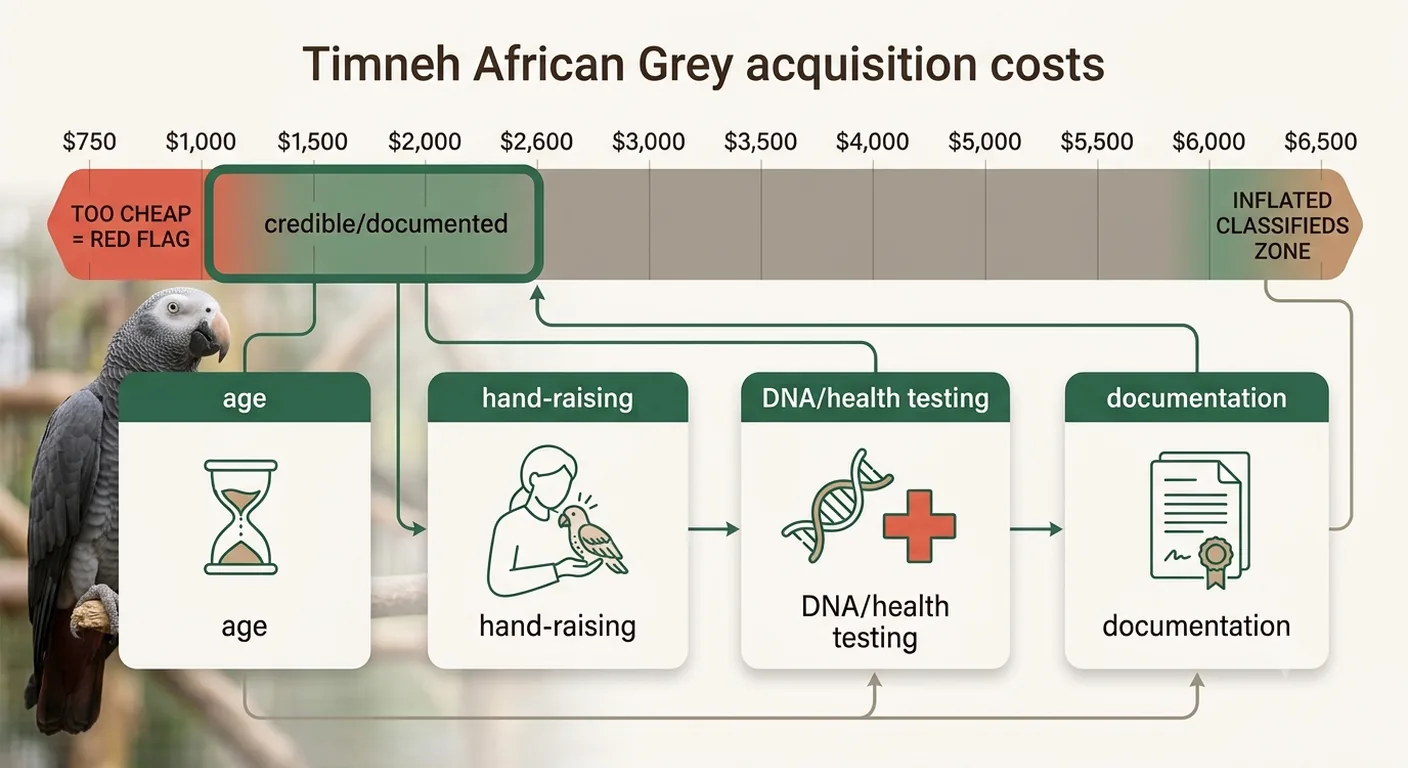 Timneh African Grey price band from $1,000 to $6,500 — under $1,000 flags a scam, $1,500 to $2,600 is credible and documented, and inflated classifieds climb toward $6,500