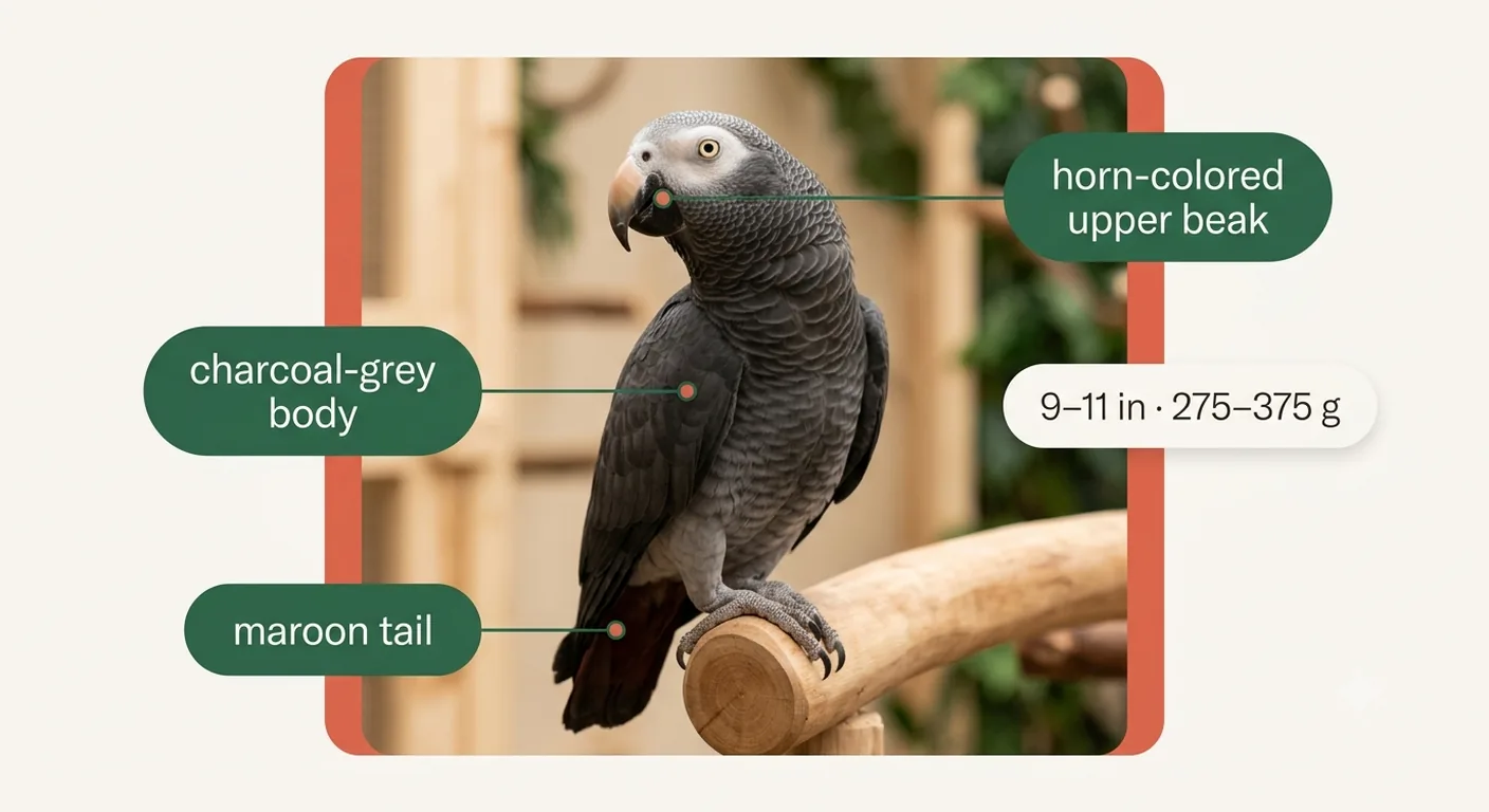Timneh African Grey identification infographic marking the charcoal body, maroon tail and horn-colored beak