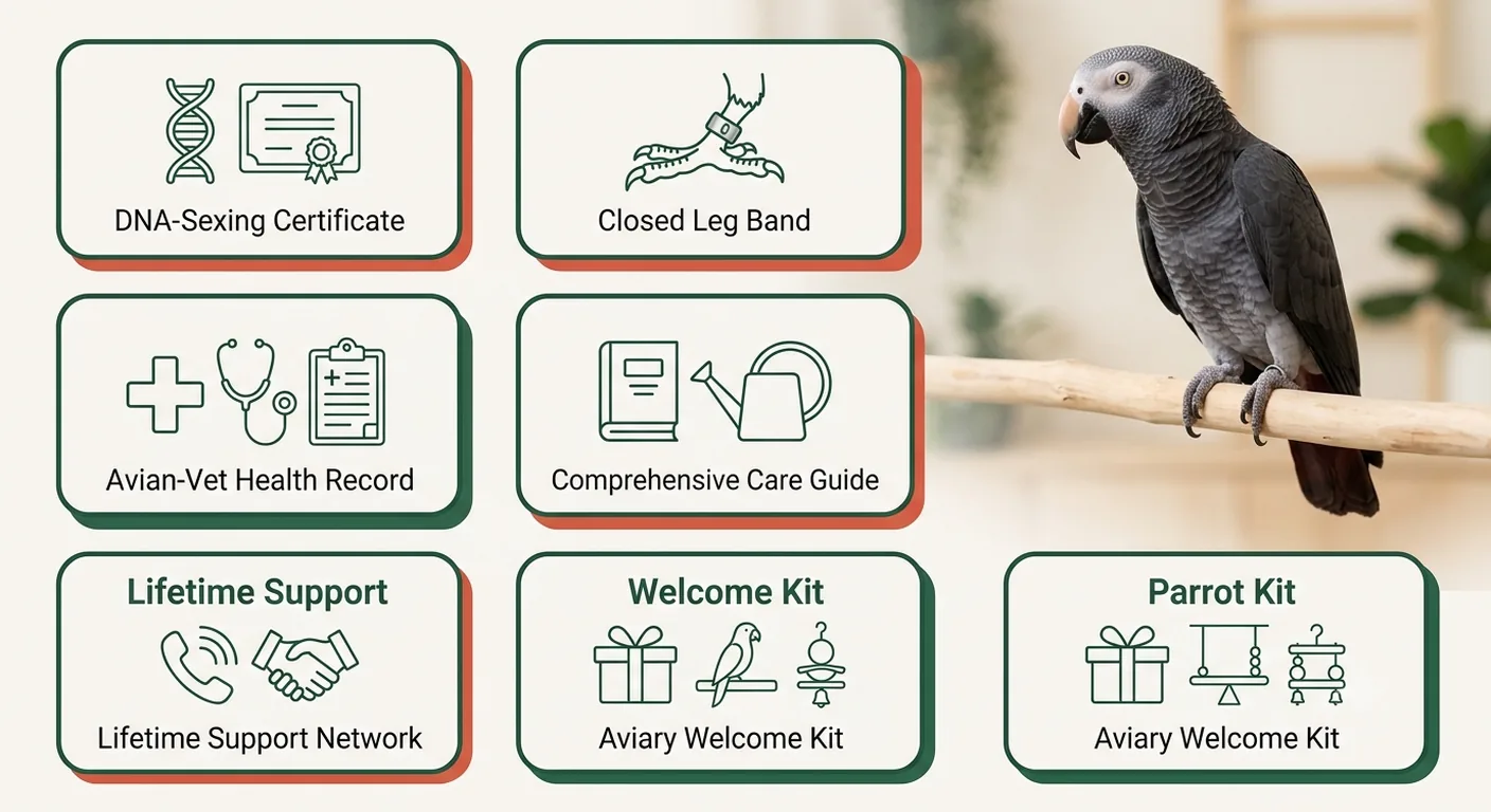 Feature grid infographic of what's included when you reserve a Timneh African Grey — certificates, band, care guide and support