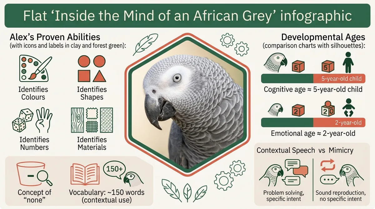 Inside the mind of an African Grey infographic: Alex's abilities, cognitive age, vocabulary and contextual speech