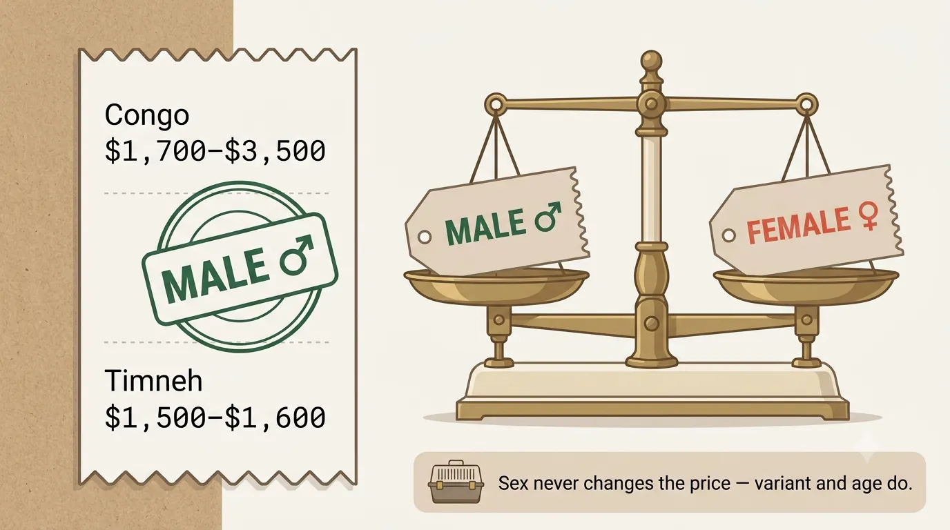 Infographic showing a male and a female African Grey at identical prices, with price driven by variant and age rather than sex