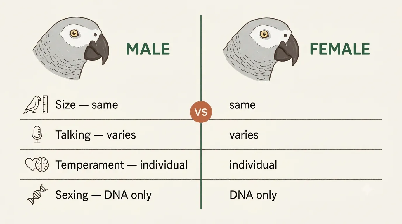 Balance-scale infographic weighing a male against a female African Grey, both sides level, captioned that the individual bird matters more than the sex
